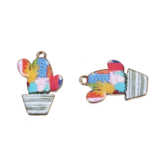 Bild von Zinklegierung Charms Kaktus Vergoldet Bunt Emaille 23mm x 16mm, 10 Stück