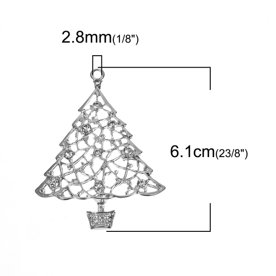 Picture of Zinc Based Alloy Pendants Christmas Tree Silver Tone Clear Rhinestone 61mm(2 3/8") x 48mm(1 7/8"), 5 PCs