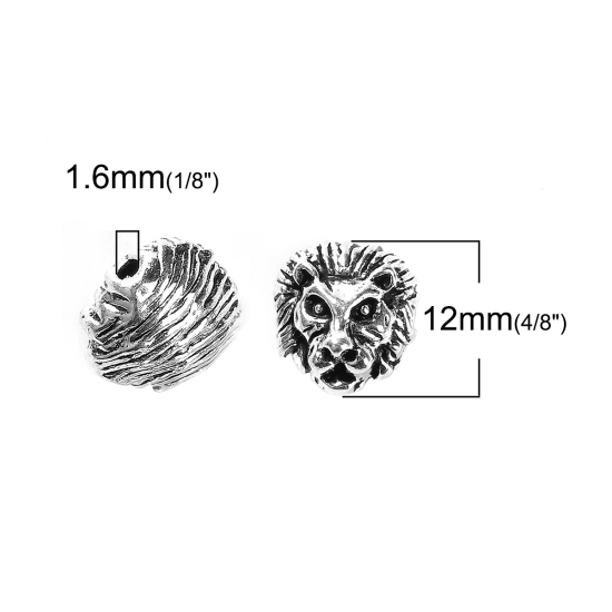 Picture of Zinc Based Alloy Spacer Beads Lion Animal Antique Silver Color 12mm x 12mm, Hole: Approx 1.6mm, 10 PCs