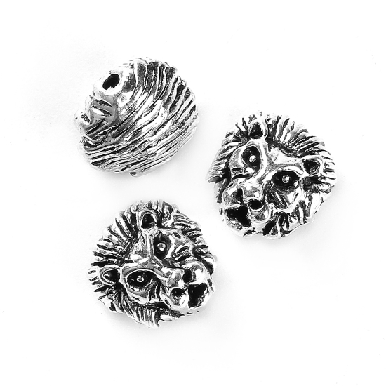 Picture of Zinc Based Alloy Spacer Beads Lion Animal Antique Silver Color 12mm x 12mm, Hole: Approx 1.6mm, 10 PCs