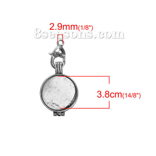 Picture of Zinc Based Alloy Aromatherapy Essential Oil Diffuser Locket Pendants Round Antique Silver Color Heart Carved Cabochon Settings (Fits 25mm Dia.23mm Dia.) 55mm(2 1/8") x 27mm(1 1/8"), 1 Piece