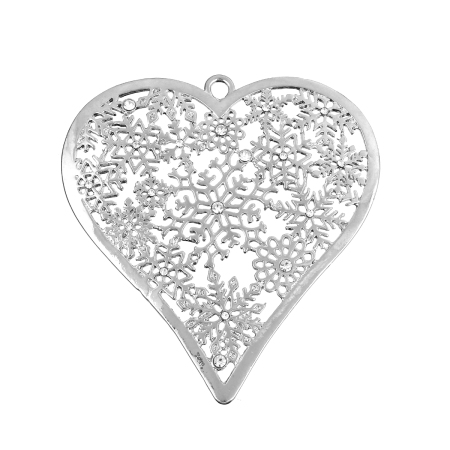 Bild von Zinklegierung Anhänger Herz Silberfarbe Weihnachten Schneeflocke Transparent Strass Hohl 84mm x 78mm, 1 Stück