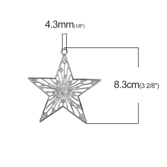 Picture of Zinc Based Alloy Pendants Pentagram Star Silver Tone Clear Rhinestone Hollow 83mm x 82mm(3 2/8"), 1 Piece