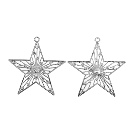 Picture of Zinc Based Alloy Pendants Pentagram Star Silver Tone Clear Rhinestone Hollow 83mm x 82mm(3 2/8"), 1 Piece