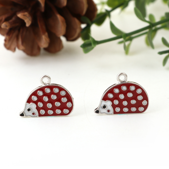 Picture of Zinc Based Alloy Charms Hedgehog Silver Tone Red Enamel 21mm( 7/8") x 16mm( 5/8"), 3 PCs