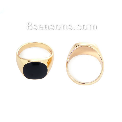 Picture of Signet Unadjustable Men Rings Gold Plated Black Enamel Square 19.1mm( 6/8")(US Size 9), 1 Piece