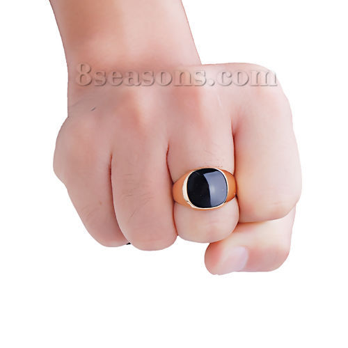 Bild von Signet Uneinstellbar Ring für Herren Vergoldet Schwarz Emaille Quadrat 19.1mm（US Größe:9) 1 Stück