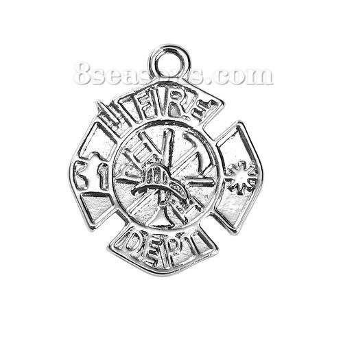 Immagine di Lega di Zinco Charms Irregolare Tono Argento Tondo Messaggio " FIRE DEPT " 23mm x 19mm , 10 Pz