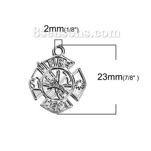 Immagine di Lega di Zinco Charms Irregolare Tono Argento Tondo Messaggio " FIRE DEPT " 23mm x 19mm , 10 Pz