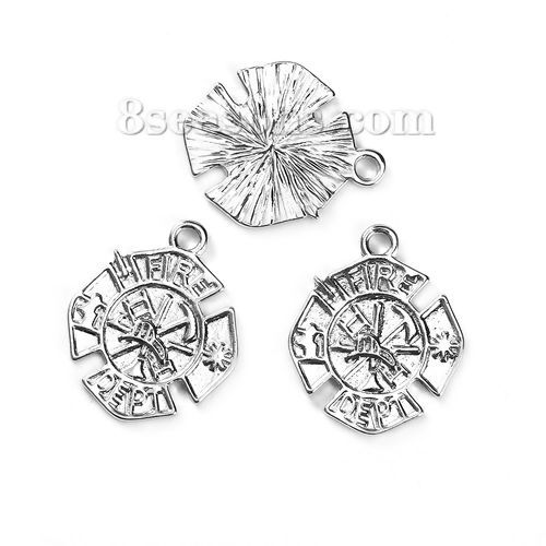 Immagine di Lega di Zinco Charms Irregolare Tono Argento Tondo Messaggio " FIRE DEPT " 23mm x 19mm , 10 Pz