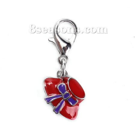 Zinklegierung Charms Anhängerträger für Vintage Armband Anhänger Hut Silberfarbe Rot Schleife Emaille 32mm x 12mm, 5 Stück