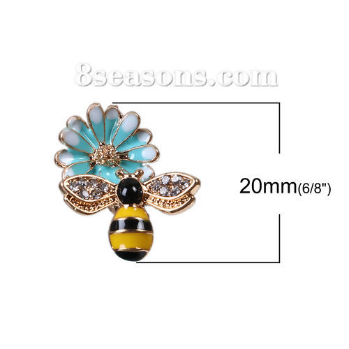 Bild von Zinklegierung Charms Gänseblümchen Gelb Hellblau Biene Transparent Strass Emaille 20mm x 18mm, 5 Stück