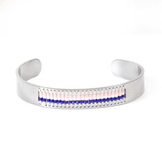 Image de Bracelet Manchette Jonc Semi-Ouvert Perles de Rocailles en Titane Acier Argent Mat Blanc & Bleu 15cm long, 1 Pièce