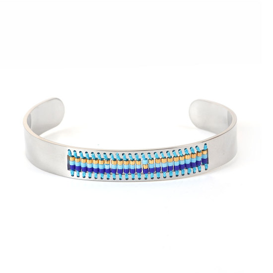 Bild von Titan Edelstahl Rocailles Perlen Offen Manschette Armreife Armband Silberfarbe Blau 15cm lang, 1 Stück