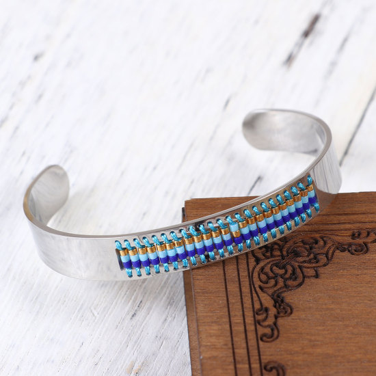 Bild von Titan Edelstahl Rocailles Perlen Offen Manschette Armreife Armband Silberfarbe Blau 15cm lang, 1 Stück