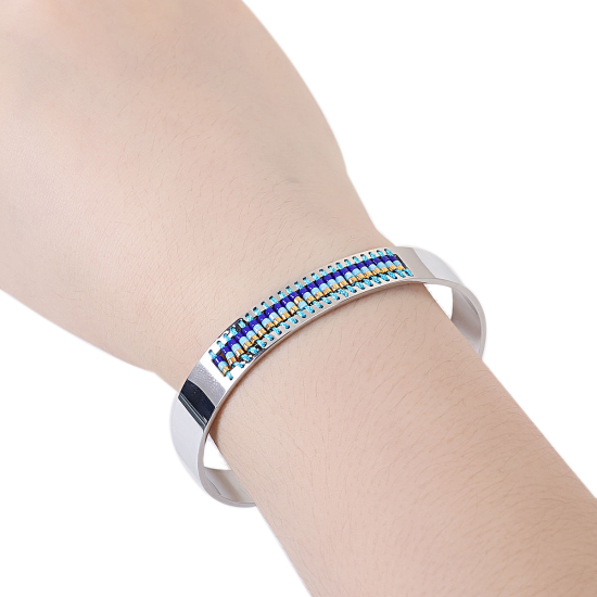 Bild von Titan Edelstahl Rocailles Perlen Offen Manschette Armreife Armband Silberfarbe Blau 15cm lang, 1 Stück
