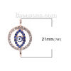 Picture of Zinc Based Alloy Connectors Evil Eye Rose Gold Blue Round Enamel Clear Rhinestone 21mm x 13mm, 2 PCs