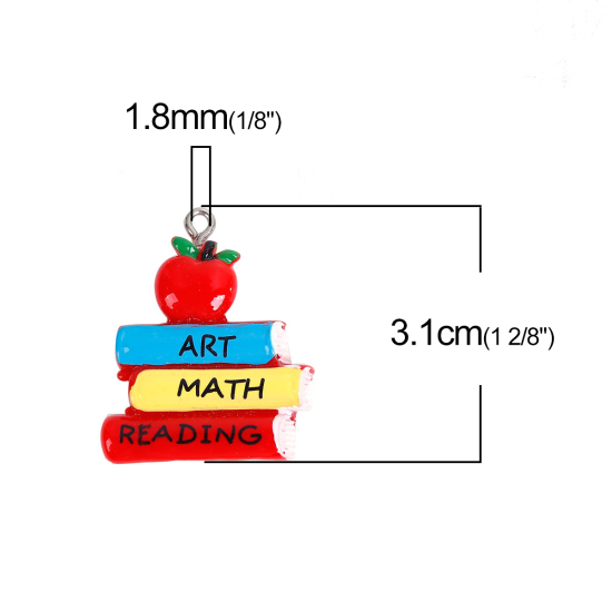 Picture of Resin College Jewelry Pendants Apple Fruit Message " ART MATH READING " Multicolor 31mm(1 2/8") x 27mm(1 1/8"), 5 PCs