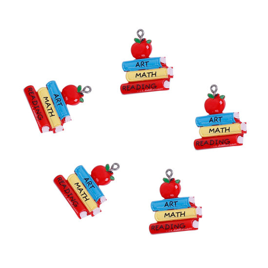 Picture of Resin College Jewelry Pendants Apple Fruit Message " ART MATH READING " Multicolor 31mm(1 2/8") x 27mm(1 1/8"), 5 PCs