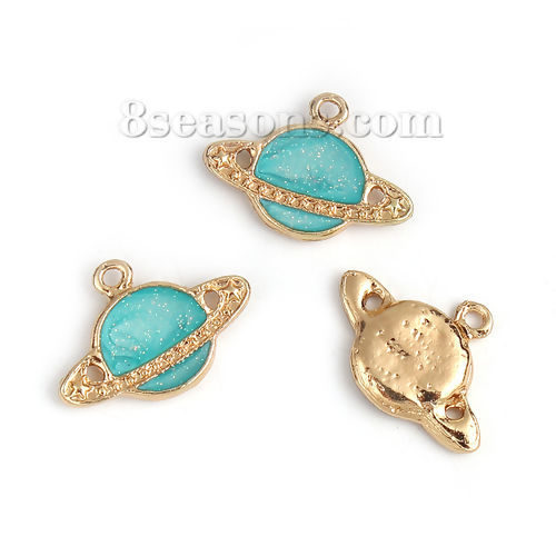 Picture of Zinc Based Alloy Galaxy Charms Spaceship Gold Plated Blue Enamel 23mm( 7/8") x 16mm( 5/8"), 5 PCs
