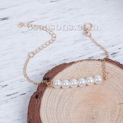Image de Bracelets Barre de Balance en Acrylique Doré Blanc Rond Imitation Perles 16.5cm long, 1 Pièce