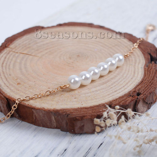 Picture of Acrylic Balance Bar Bracelets Gold Plated White Round Imitation Pearl 16.5cm(6 4/8") long, 1 Piece