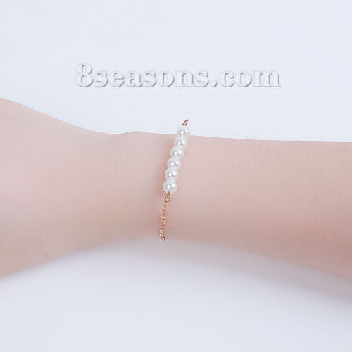 Picture of Acrylic Balance Bar Bracelets Gold Plated White Round Imitation Pearl 16.5cm(6 4/8") long, 1 Piece