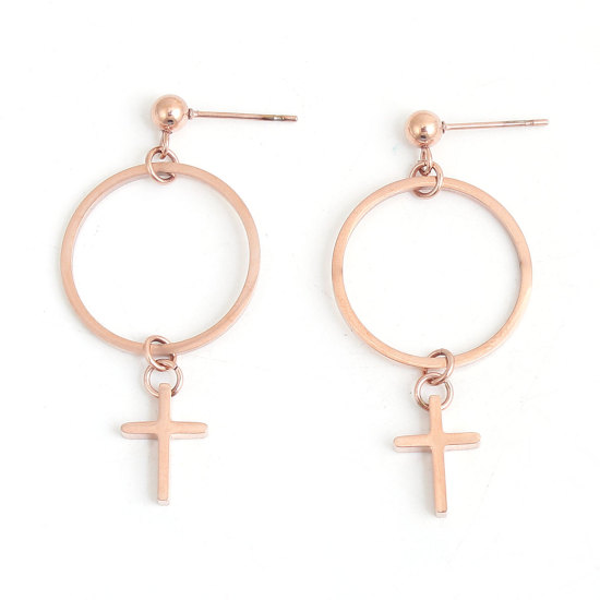 Immagine di 316 Acciaio inossidabile Orecchini a Perno Oro Rosa Anello Croce 43mm x 20mm, Posta / Filo Dimensione: (21 misura), 1 Paio