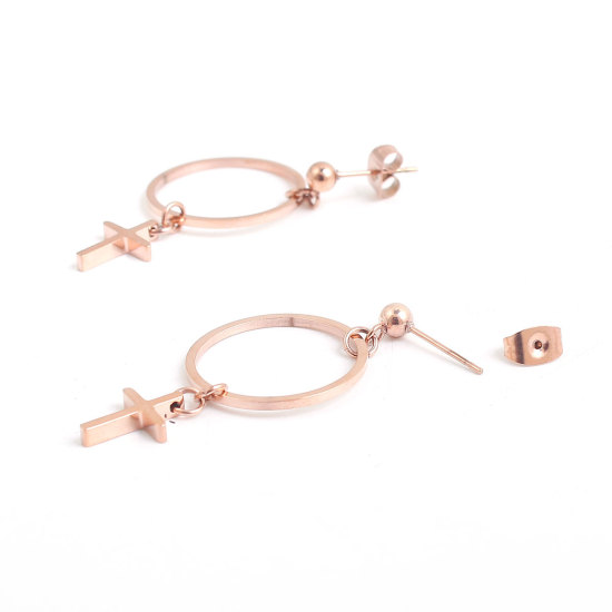 Immagine di 316 Acciaio inossidabile Orecchini a Perno Oro Rosa Anello Croce 43mm x 20mm, Posta / Filo Dimensione: (21 misura), 1 Paio