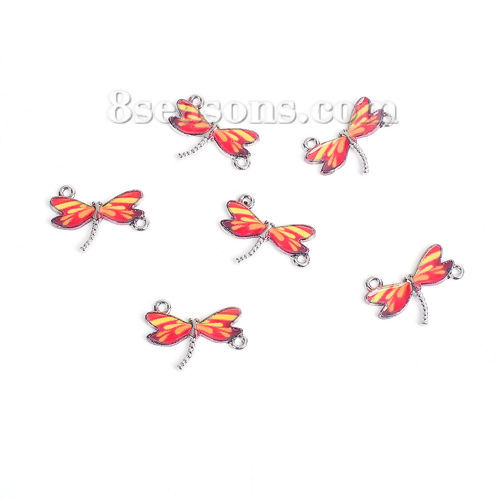 Bild von Zinklegierung Verbinder Libellen Silberfarbe Rot & Gelb Emaille, 24mm x 17mm, 10 Stück