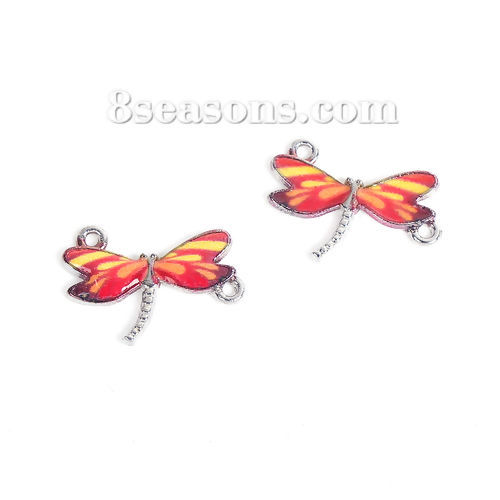 Picture of Zinc Based Alloy Connectors Dragonfly Animal Silver Tone Red & Yellow Enamel 24mm x 17mm, 10 PCs