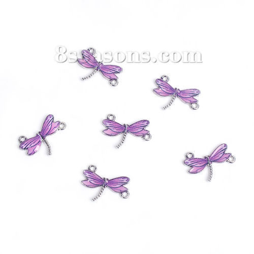 Bild von Zinklegierung Verbinder Libellen Silberfarbe Lila Emaille, 24mm x 17mm, 10 Stück