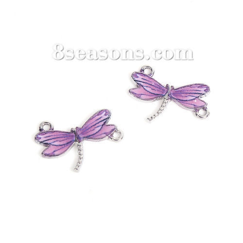 Picture of Zinc Based Alloy Connectors Dragonfly Animal Silver Tone Purple Enamel 24mm x 17mm, 10 PCs