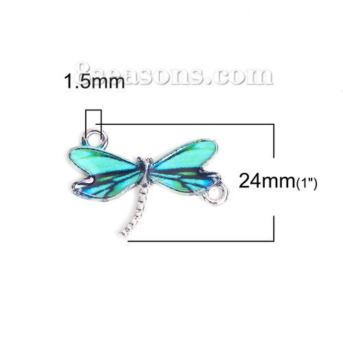 Picture of Zinc Based Alloy Connectors Dragonfly Animal Silver Tone Green Blue Enamel 22mm x 17mm, 10 PCs