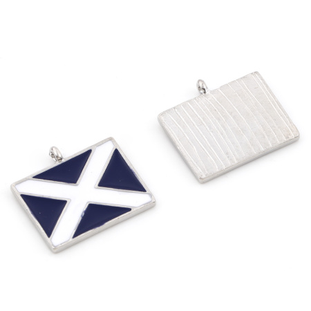 Zinc Based Alloy Charms Silver Tone White & Blue Rectangle Cross Enamel 22mm x 19mm, 10 PCs