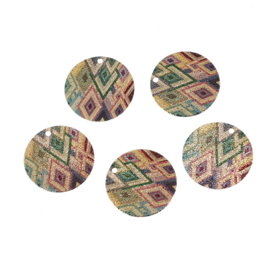 Picture of Brass Enamel Painting Charms Gold Plated Multicolor Round Rhombus Sparkledust 20mm Dia., 5 PCs                                                                                                                                                                