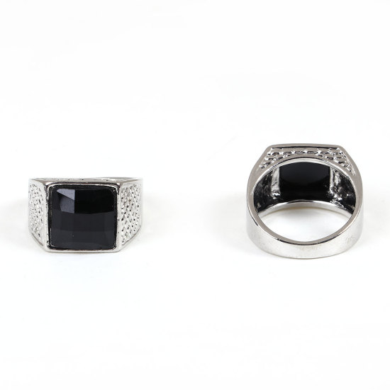 Picture of Resin Signet Unadjustable Men Rings Silver Tone Black Square 19.1mm( 6/8")(US Size 9), 1 Piece