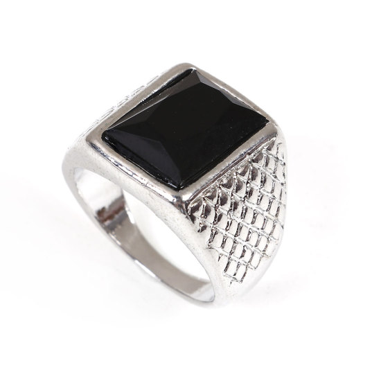Picture of Resin Signet Unadjustable Men Rings Silver Tone Black Rectangle 19.1mm( 6/8")(US Size 9), 1 Piece