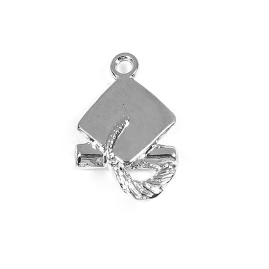 Picture of Zinc Based Alloy College Jewelry Charms Doctorial Hat Silver Tone 20mm( 6/8") x 13mm( 4/8"), 50 PCs