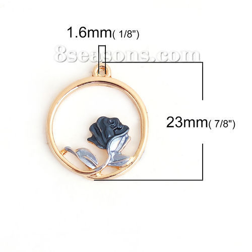 Picture of Zinc Based Alloy Enamel Flower Garden Style Charms Round Gold Plated Blue Enamel 23mm( 7/8") x 20mm( 6/8"), 5 PCs