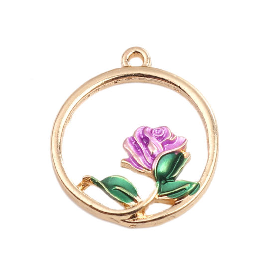 Picture of Zinc Based Alloy Enamel Flower Garden Style Charms Round Gold Plated Green Hollow 23mm( 7/8") x 20mm( 6/8"), 5 PCs