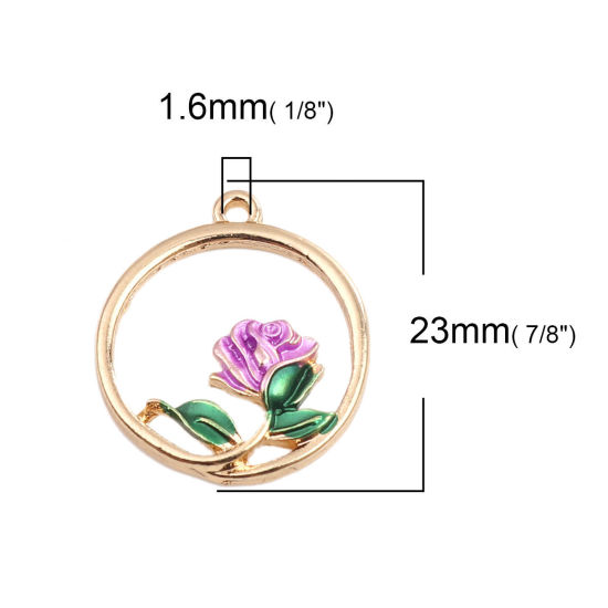 Picture of Zinc Based Alloy Enamel Flower Garden Style Charms Round Gold Plated Green Hollow 23mm( 7/8") x 20mm( 6/8"), 5 PCs