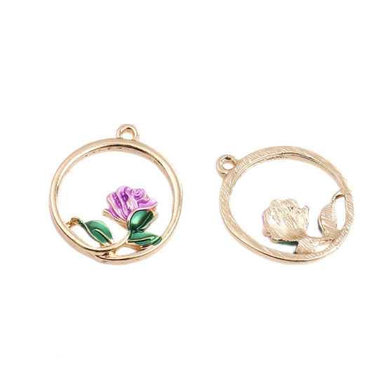 Picture of Zinc Based Alloy Enamel Flower Garden Style Charms Round Gold Plated Green Hollow 23mm( 7/8") x 20mm( 6/8"), 5 PCs