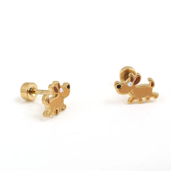 304ステンレス鋼 イヤリング 金メッキ オレンジ色 犬 エナメル 10mm x 7mm、 ワイヤーサイズ: （17号）、 1 ペア の画像