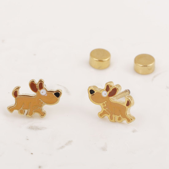 304ステンレス鋼 イヤリング 金メッキ オレンジ色 犬 エナメル 10mm x 7mm、 ワイヤーサイズ: （17号）、 1 ペア の画像