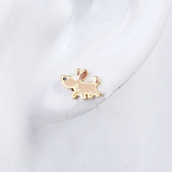 304ステンレス鋼 イヤリング 金メッキ オレンジ色 犬 エナメル 10mm x 7mm、 ワイヤーサイズ: （17号）、 1 ペア の画像