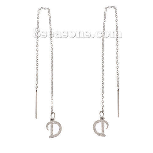 Picture of 304 Stainless Steel Ear Thread Threader Earring Silver Tone Initial Alphabet/ Letter " D " Frosted 12.8cm(5"), Post/ Wire Size: (21 gauge), 1 Pair