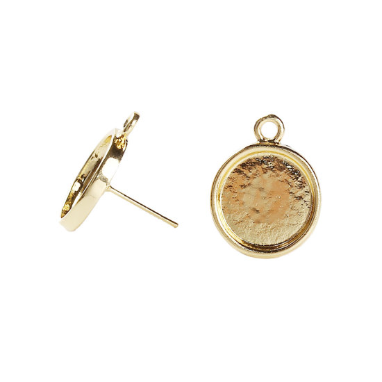 Picture of Zinc Based Alloy Ear Post Stud Earrings Findings Round Gold Plated Cabochon Settings (Fit 13mm Dia.) W/ Loop 20mm( 6/8") x 16mm( 5/8"), Post/ Wire Size: (20 gauge), 10 PCs
