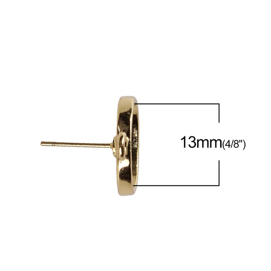 Picture of Zinc Based Alloy Ear Post Stud Earrings Findings Round Gold Plated Cabochon Settings (Fit 13mm Dia.) W/ Loop 20mm( 6/8") x 16mm( 5/8"), Post/ Wire Size: (20 gauge), 10 PCs