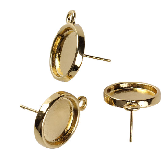 Picture of Zinc Based Alloy Ear Post Stud Earrings Findings Round Gold Plated Cabochon Settings (Fit 13mm Dia.) W/ Loop 20mm( 6/8") x 16mm( 5/8"), Post/ Wire Size: (20 gauge), 10 PCs